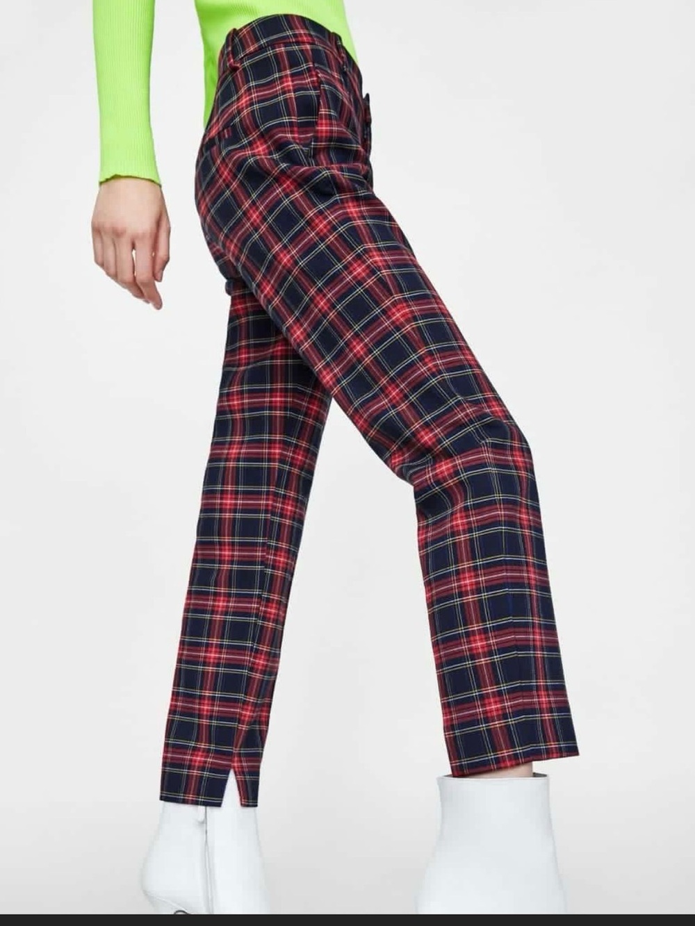 Zara | Red & Navy Plaid Straight Leg Trousers